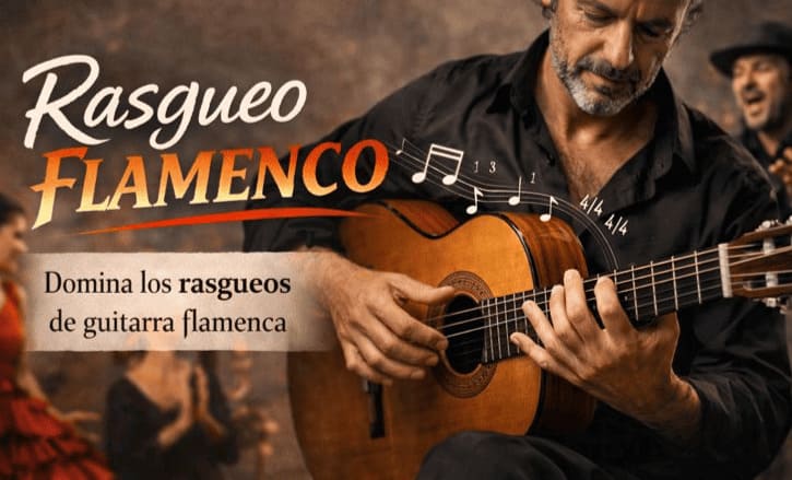 Hombre tocando guitarra flamenca, fondo musical. Rasgueos flamencos.